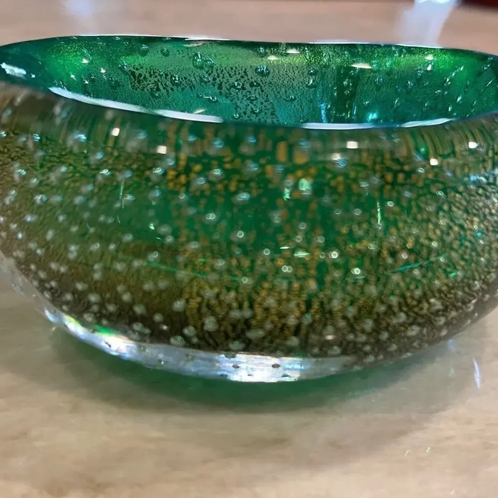Vintage Murano glass candy dish Green with gold beautiful  bean shaped